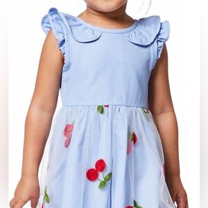 Deux par deux Charming Blue Kids Dress with Cherry Embroidery